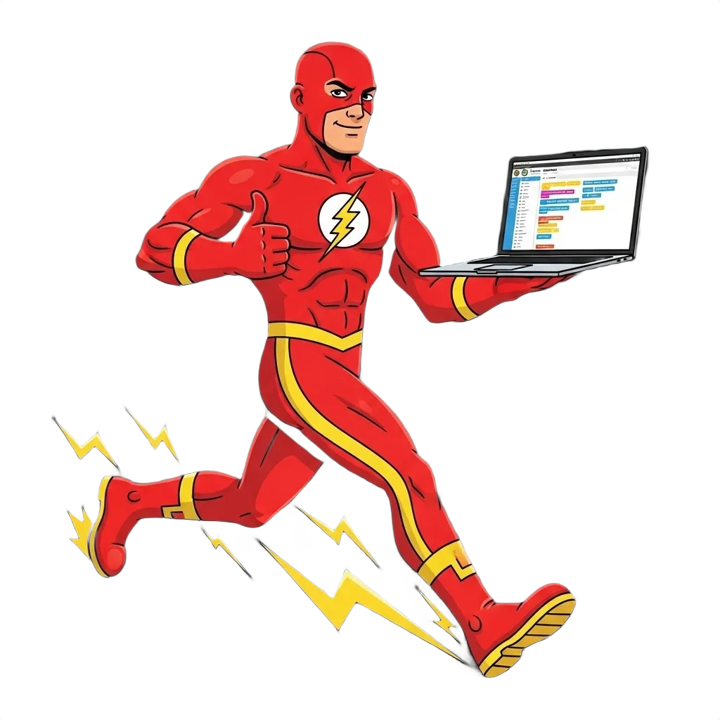 WP-Flash mascot running with laptop